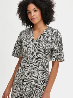 Nanso JÄLKI midi kangasmekko - musta-luonnonvalkoinen* Pellavavaatteet|Mekot